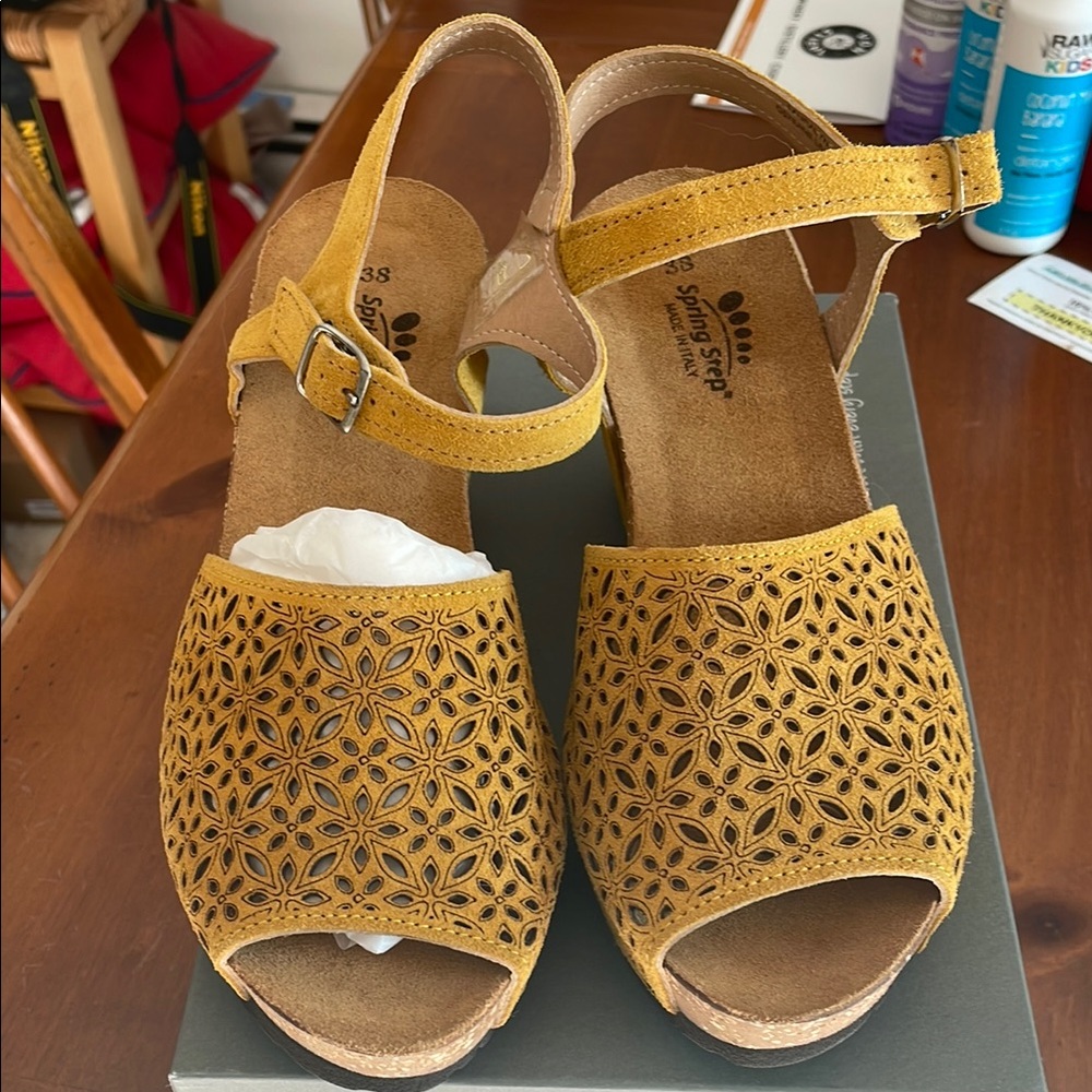 Spring Step Yellow Sandals with Laser-Cut Design